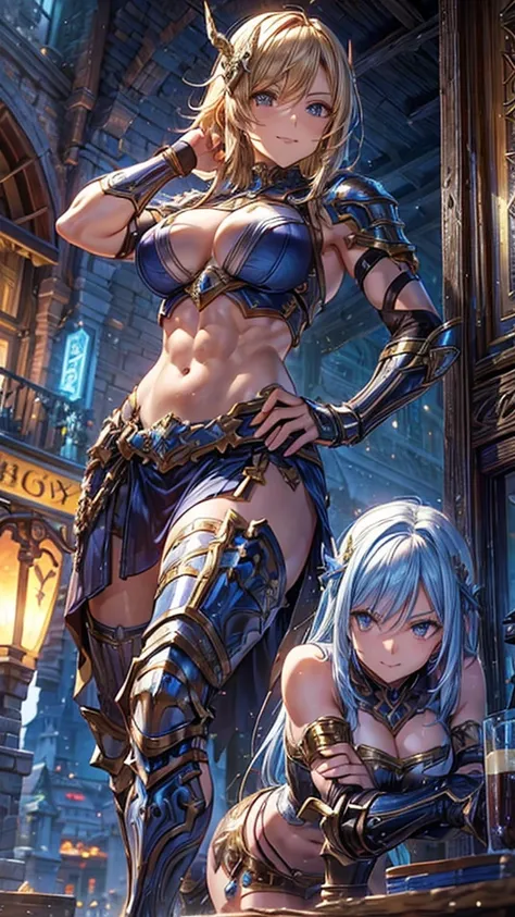 (1 mature, muscular female paladin,Gorgeous Paladin Armor,Arm guard,Leg guards,Head ornament,Age 25), ((Pub,guild)),(smile),Dynamic pose,Dynamic Angle,belly button,Pose for a photo,From below,