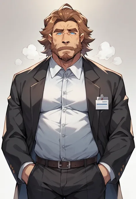 lion，personification，Mature male，Bad Uncle，Beard，Cold expression，Blue pupils，Brown eyebrows，Black suit suit，Hands in pockets，The Age of Steam，Hospital Office。