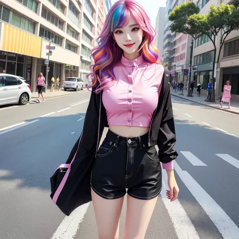 a woman is walking on the road, smile, colorful hair colors,fashion model, black top, pink clothes, attractive girl, photo of sl...