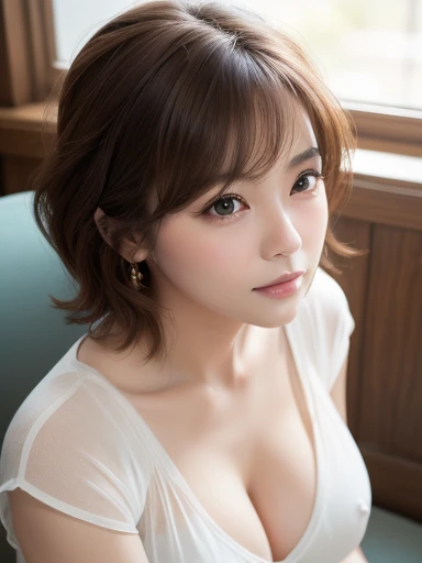 ((masterpiece))、((Highest quality))、photograph、reality、high resolution、Very detailed、Married women、40 years old、（Plump body）、Delicate features、（short hair、Shiny chestnut hair、Light Wave）、Realistic background and accessories、Big and ample breasts、Sit in fro...