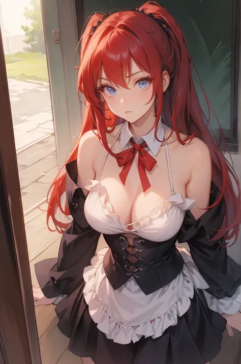 masterpiece, best quality, high quality, highres, outdoors, day, upper body, looking at viewer, solo, focused, BREAK, ANIME_DxD_Rias_Gremory_ownwaifu, 1girl, bangs, long hair, red hair, breasts, large breasts, rias gremory, blue eyes, hair between eyes, ve...