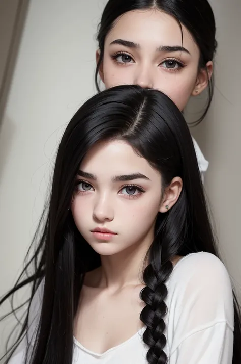 Traduzir textos com a câmera
a 15 year old girl with white and half black hair, long slightly wavy hair, white left eye with black pupil and black right eye, white eyebrows and eyebrows and pale skin.