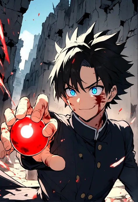 Anime teenager boy who has Black hair with glowing blue eyes that looks like gojos eyes wearing Jujutsu high uniform charging red glowing ball while smirking  with his mouth opened as his eyes glowing blue and wide opened looks so rare background city ruin...