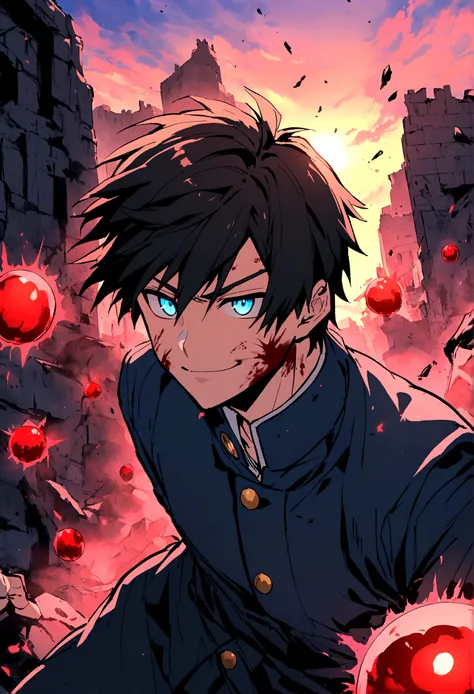 Anime teenager boy who has Black hair with glowing blue eyes that looks like gojos eyes wearing Jujutsu high uniform charging red glowing ball while smirking  with his mouth opened as his eyes glowing blue and wide opened looks so rare background city ruin...