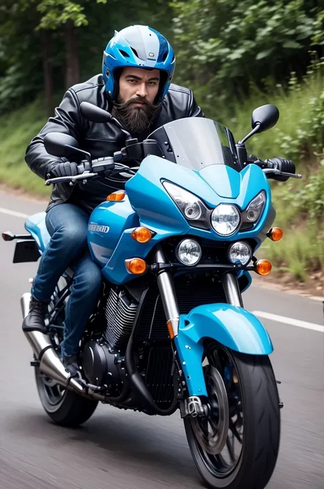 Riding a blue motorbike, sparse beard, flapping ears