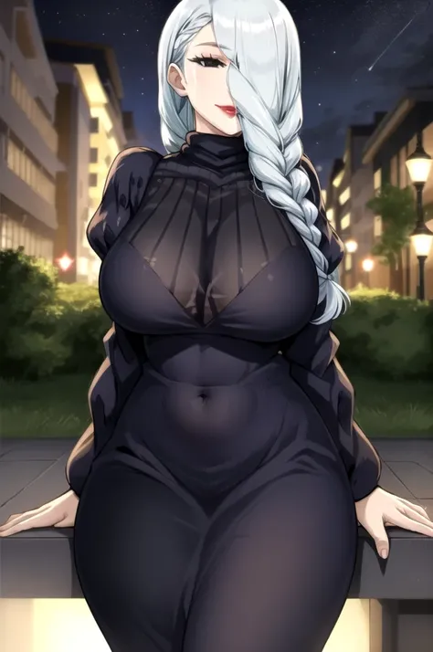 MeiMeiBD1, 1girl, solo, long hair, braid, hair over one eye, dress, smile, black dress, looking at viewer, breasts, long sleeves, braided bangs, large breasts, blue hair, braided ponytail, turtleneck dress, cowboy shot, makeup, red lips, grey hair, one eye...