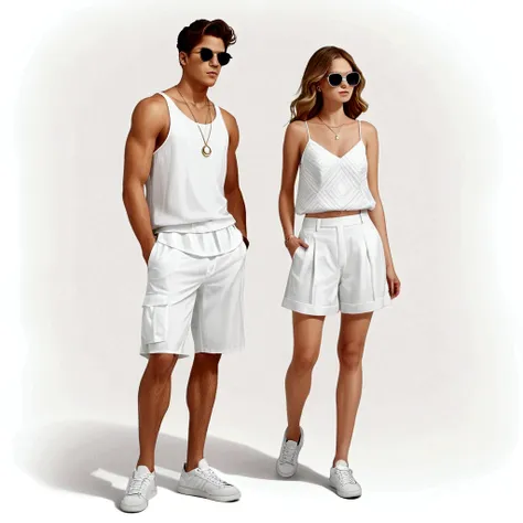 candid fashion illustration of young man and woman, both aged 20 year old, ((showcase fashion in a white cotton-rayon outfits)),...