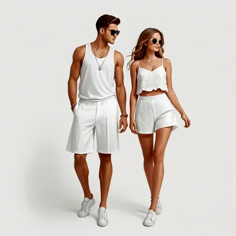 candid fashion illustration of young man and woman, both aged 20 year old, ((showcase fashion in a white cotton-rayon outfits)),...