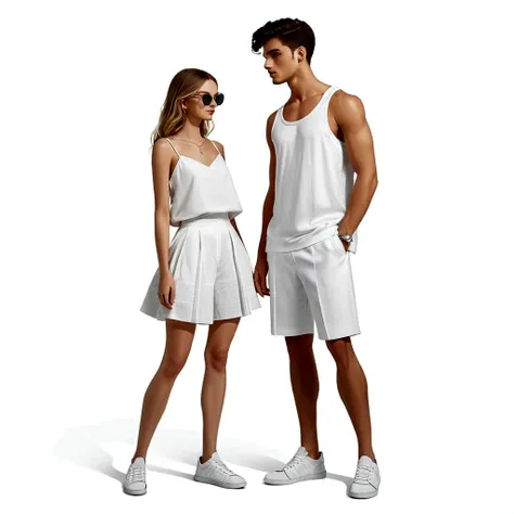 candid fashion illustration of young man and woman, both aged 20 year old, ((showcase fashion in a white cotton-rayon outfits)),...