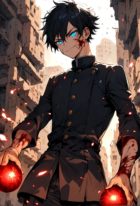 Anime teenager boy who has Black hair with glowing blue eyes that looks like gojos eyes wearing Jujutsu high uniform charging red glowing light ball while smirking  with his mouth opened as his eyes glowing blue and wide opened looks so rare background cit...