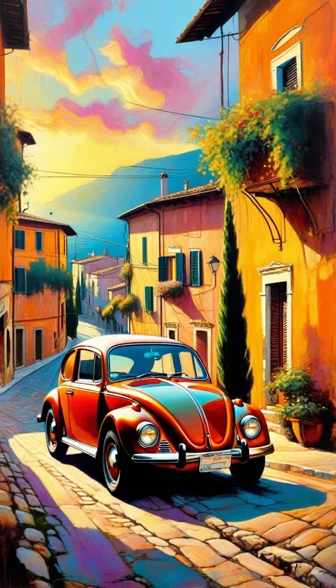 street of an Italian village, classic car beetle parked, beautiful streets and old houses, clothes hanging, many details, great view, clouds, sunset (art inspired by Bill Sienkiewicz , oil painting)
