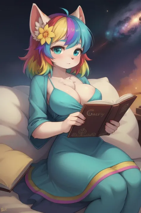 (Best Quality, Masterpiece), 1 girl, reading a book, particle, wind, flower, Upper part of the body, simple background, looking at the viewer, rainbow hair, short teal floating dress, Cosmic, nebulae, busty galaxy