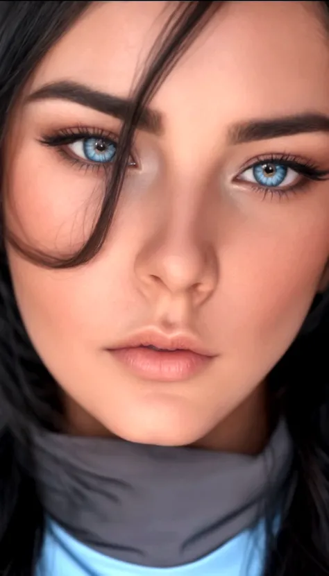 a close-up of a woman with long hair and a blue shirt, extremely detailed gorgeous face, close up face, perfect face and eyes, close-up perfect face, closeup impressionante, headshot, sexy face, Face ultra detailed, beautiful hyperrealistic face, detailed ...