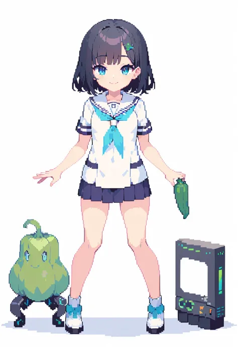 Pixel Art, An anime-style young girl with short bluely black hair, large blue eyes, a plain white long T-shirt　sailor uniform reaching to her knees, standing straight, holding a green pepper, smiling, electronic near-future vibe, white blank background.