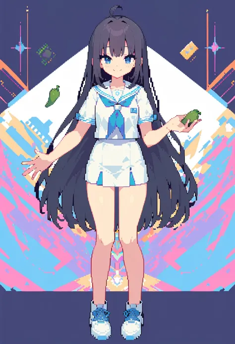 Pixel Art, An anime-style young girl with short bluely black hair, large blue eyes, a plain white long T-shirt　sailor uniform reaching to her knees, standing straight, holding a green pepper, smiling, electronic near-future vibe, white blank background.