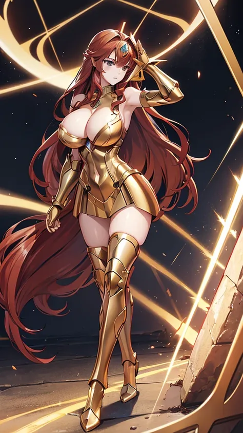 woman, long hair,, Golden Armor, Sagittarius Armor, very long hair, (long hair), long hair, (((Red hair))), (((Red hair))), Detailed images, Super definition, 16K, looking at camera, wing, Golden armor, helmet, Sagittarius Armor，Huge breasts，cleavage，silve...