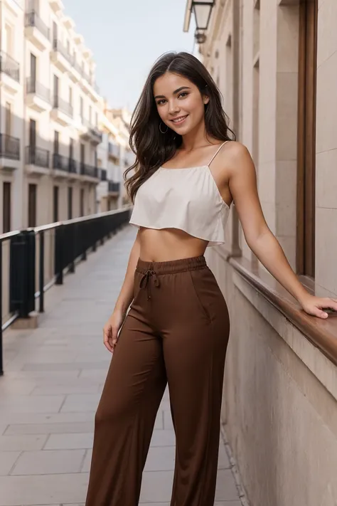 Beautiful brunette girl, on the balcony of a street in Madrid, posing for an Instagram post, dressed in long pants and a top, wavy brown hair, holding a bottle of shampoo, smiling, posing for the photo