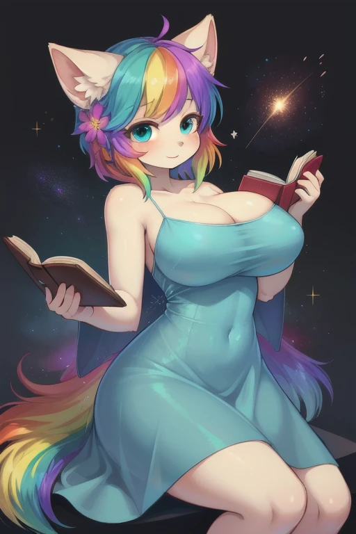 (Best Quality, Masterpiece), 1 girl, reading a book, particle, wind, flower, Upper part of the body, simple background, looking at the viewer, rainbow hair, short teal floating dress, Cosmic, nebulae, galaxy busty very big breasts