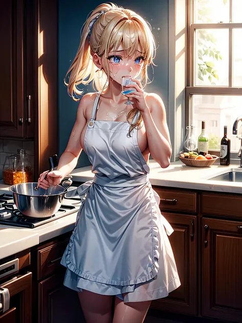 Highest Resolution,Highest quality,A beautiful girl with a crying face drinking a glass of water in a nude apron,kitchen,Tears,Open your mouth and drool,whole body,front,Sweat profusely,Beautiful eyes,Lots of saliva,