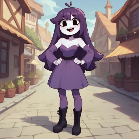 lila (spooky month), 1girl, solo, white skin, long hair, straight hair, purple hair, eyelashes, purple dress, detached sleeves, breasts, purple skirt, purple pantyhose, black boots, full body, standing, hands on hips, looking at viewer, open smile, flat co...