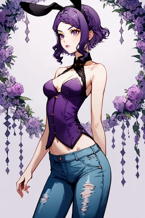 good quality,1 girl,shorth hair,cabelo roxo,bunny ears,mixed with hair,pixie style,slim,medium breasts,wearing a lilac cropped off the shoulders, jeans