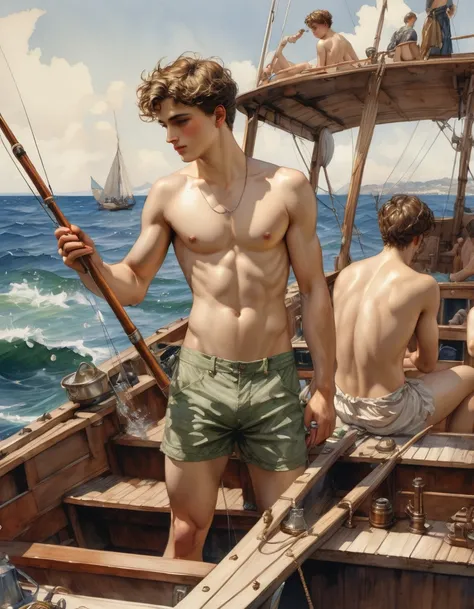 in roberto ferri and henry scott tuke art style, a group of four young pantless, shirtless, naked man fishing on a boat at the sea, Watercolor, trending on artstation, sharp focus, studio photo, intricate details, highly detailed, by greg rutkowski
