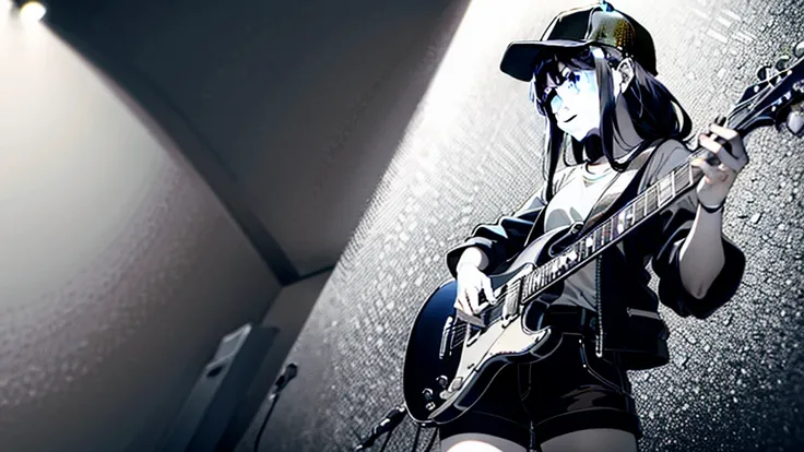 (((grayscale)))(masterpiece:1.2, Highest quality), (Graffiti wall:1.15), One woman, Beanie, Jacket, leggings, blue eyes, whole body,masterpiece, Highest quality, Highly detailed CG, (Intricate details:1.2), 8k wallpaper, One girl, alone , gray , guitar, (h...