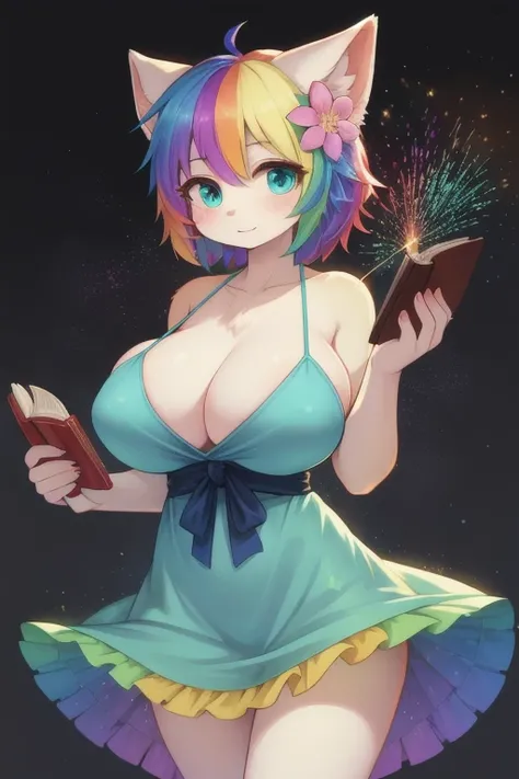 (Best Quality, Masterpiece), 2 girl, reading a book, particle, wind, flower, Upper part of the body, simple background, looking at the viewer, rainbow hair, short teal floating dress, Cosmic, nebulae, galaxy busty very big breasts