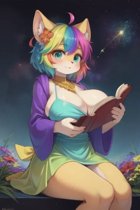 (Best Quality, Masterpiece), 2 girl, reading a book, particle, wind, flower, Upper part of the body, simple background, looking at the viewer, rainbow hair, short teal floating dress, Cosmic, nebulae, galaxy busty very big breasts