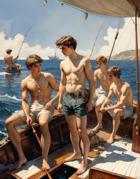 in roberto ferri and henry scott tuke art style, a group of four young pantless, shirtless, naked man fishing on a boat at the sea, Watercolor, trending on artstation, sharp focus, studio photo, intricate details, highly detailed, by greg rutkowski
