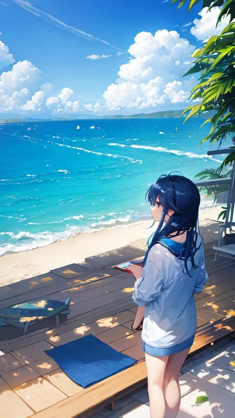 Blue sky with white clouds　Seaside　Back view of a woman in casual clothes　An illustration