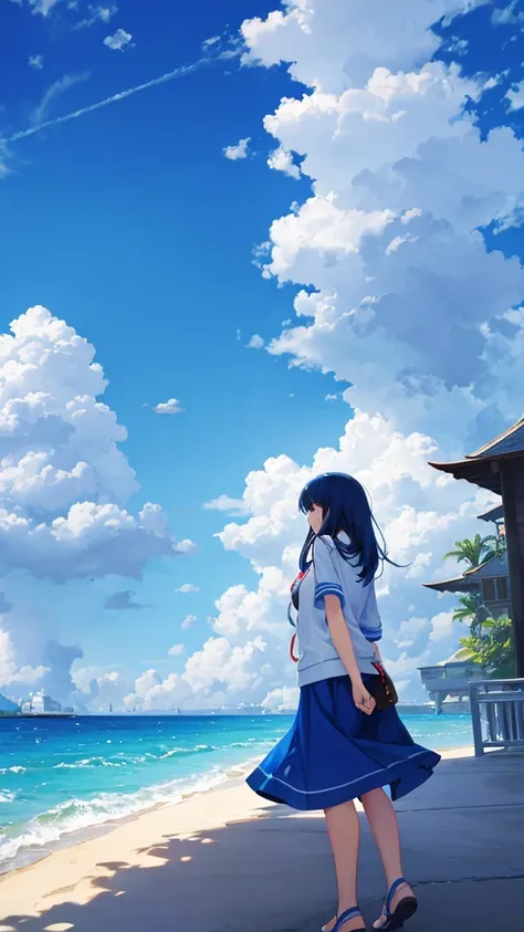 Blue sky with white clouds　Seaside　Back view of a woman in casual clothes　An illustration