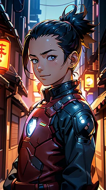 (8k),(masterpiece),(Japanese),(8-year-old boy),((innocent look)),((Childish)),From the front,smile,cute,Innocent,Kind eyes,Flat chest, Nara Shikamaru wearing Iron Man Costume,Short,Hair blowing in the wind,Black ponytail Hair,Strong wind,night,dark, Neon l...