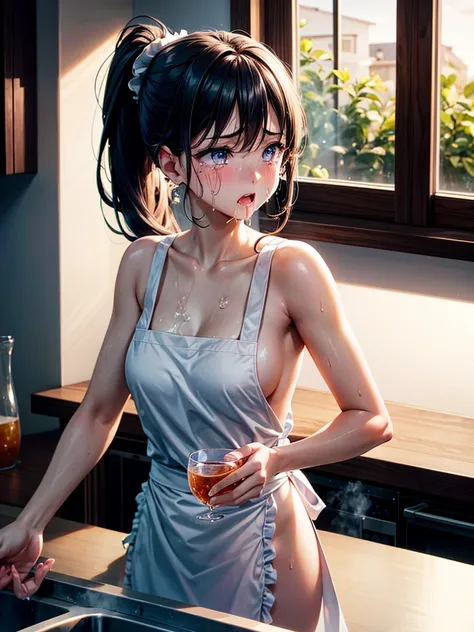 Highest Resolution,Highest quality,A beautiful girl with a crying face drinking a glass of water in a nude apron,kitchen,Tears,Open your mouth and drool,whole body,front,Sweat profusely,Beautiful eyes,Lots of saliva,Black hair ponytail,