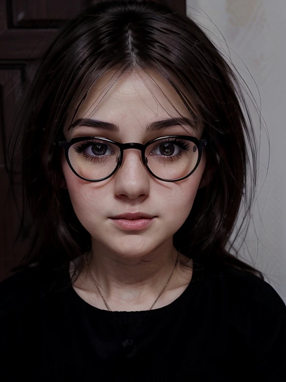 Cute Russian girl, round face, round cheeks, round chin, beautiful proportional small wide nose, Plump lips, closed mouth, expressive brown eyes, Long eyelashes, glasses with lenses, a little crazy look, sparkle in the eyes, short spiky tousled dark brown ...