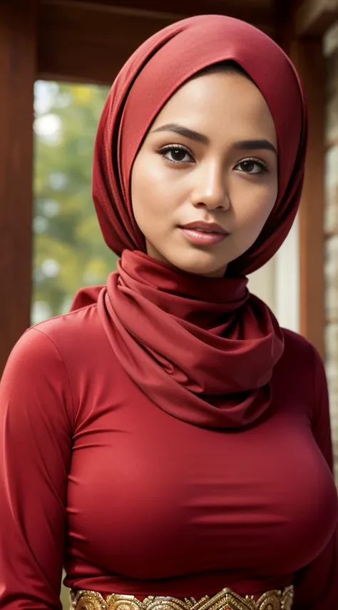 RAW, Best quality, high resolution, masterpiece: 1.3), beautiful Malay woman in hijab,Masterpiece, perfect slim fit body, Huge breast,big gorgeous eyes, Soft smile,a close up of a woman in a red dress and a red scarf, maroon red, wearing red attire, wearin...