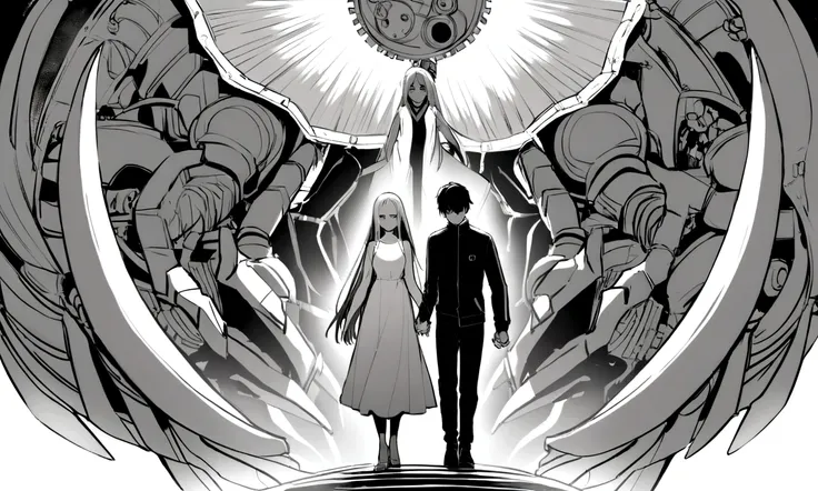 black and white drawing, Clockwork background with giant claws, 26-year-old male on the left 1, black neat hair, a lonely face, wearing gray tracksuit, Beautiful woman on the right 1, white long straight hair, white hair, wearing a white dress, walk affect...