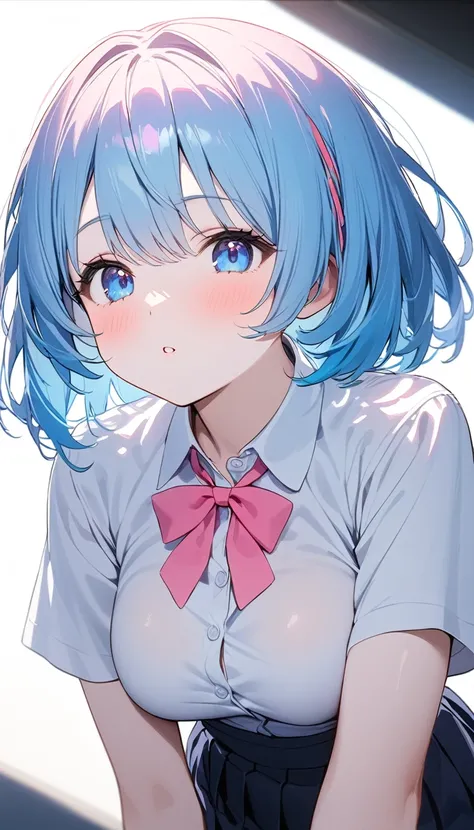 (1 girl),(Best Picture Quality, 8K, Masterpiece:1.3), (high school student:1.5), (pink lob hair:1.1), [skyblue hair:0.1], (bob cut), (cute eyes, pupil black, iris skyblue, youthful face), ((school uniform, white short simple sleeve shirt, darkblue skirt, p...