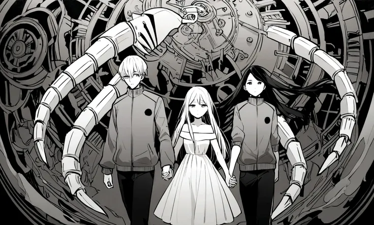 black and white drawing, Clockwork background with giant claws, 26-year-old male on the left 1, black neat hair, a lonely face, wearing gray tracksuit, Beautiful woman on the right 1, white long straight hair, white hair, wearing a white dress, walk affect...