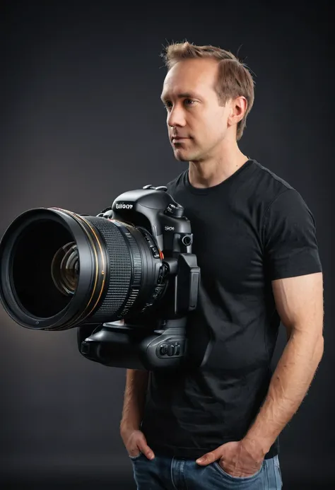 a man holding a giant sized DSLR camera lens. photography studio background with lights and softboxes and infinity wall. wearing black shirt. photo quality portrait looking to side. profile view. Ultra sharp 8k soft lighting studio lights Todder9xl