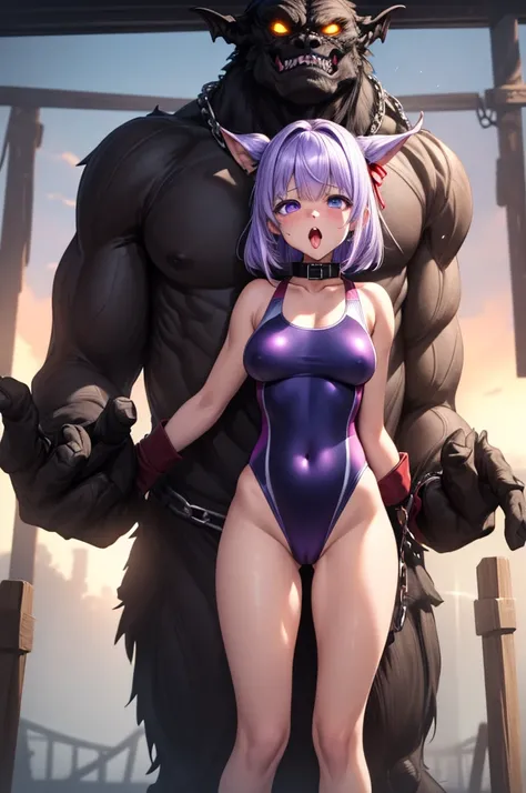 (best quality, masterpiece, uncensored, high quality, ultra detailed, extremely detailed CG, beautiful face, beautiful eyes, beautiful hair), solo, (1girl, (((light purple hair, dark purple inner, Hair Flaps, long two side up)))), (((((highleg swimsuit, co...