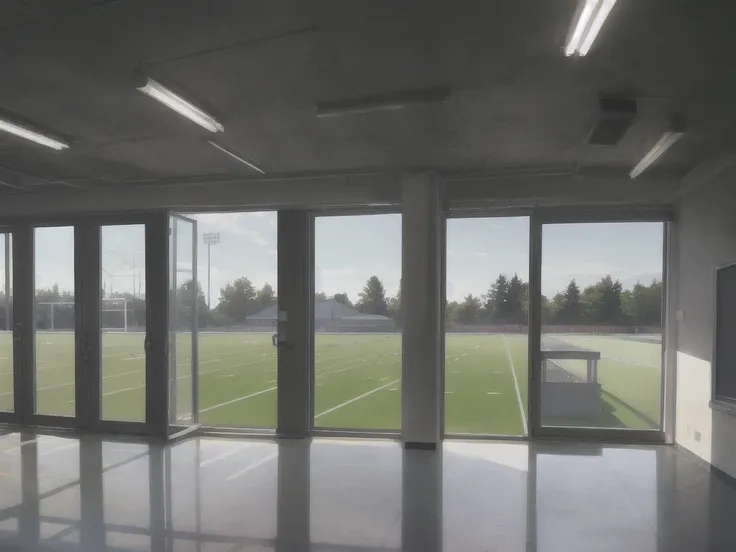 School, classroom, grey, light, windows, View from the window to the football field,