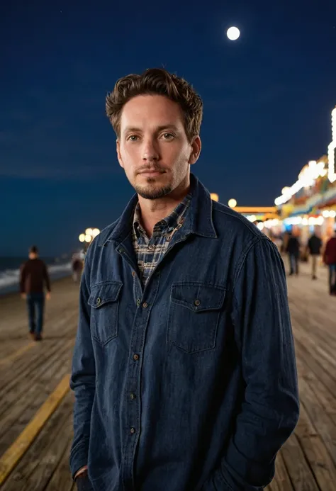 A single man of 30 years old stands on the Santa Monica pier at night