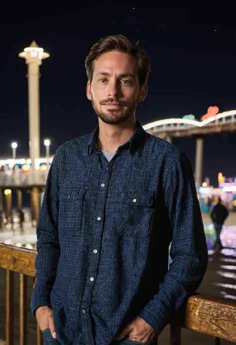 A single man of 30 years old stands on the Santa Monica pier at night