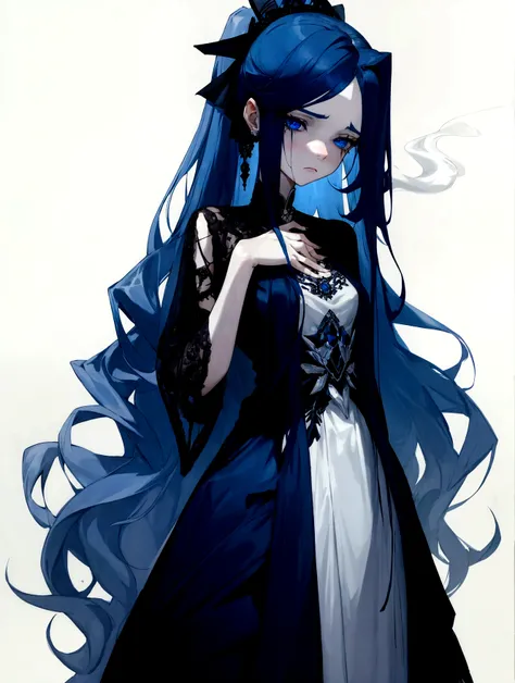 full-length, girl, 20 years old, smoky long hair, dark blue dress, sad and sad expression, blue eyes, porcelain skin, scars