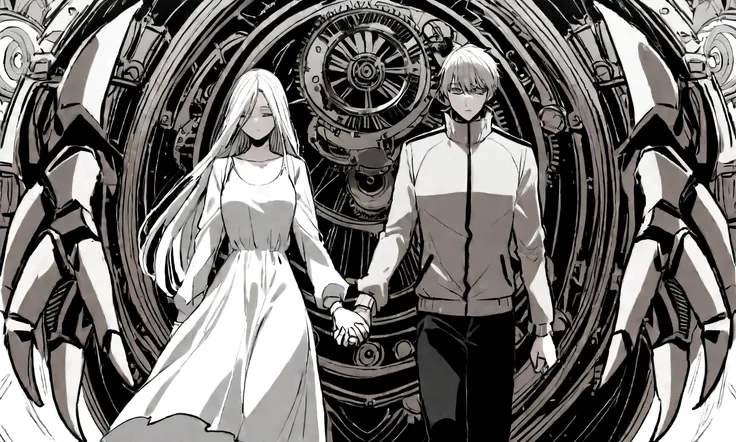 black and white drawing, Clockwork background with giant claws, 26-year-old male on the left 1, black neat hair, a lonely face, wearing gray tracksuit, Beautiful woman on the right 1, white long straight hair, white hair, wearing a white dress, walk affect...