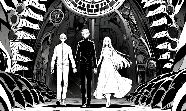 black and white drawing, Clockwork background with giant claws, 26-year-old male on the left 1, black neat hair, a lonely face, wearing gray tracksuit, Beautiful woman on the right 1, white long straight hair, white hair, wearing a white dress, walk affect...