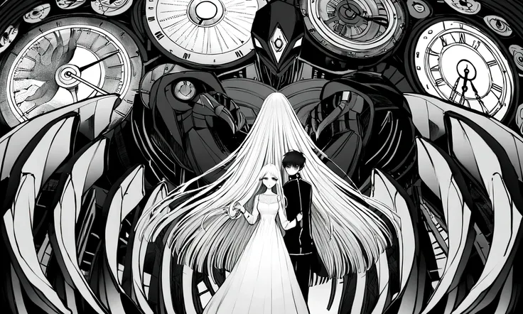 black and white drawing, Clockwork background with giant claws, 26-year-old male on the left 1, black neat hair, a lonely face, wearing gray tracksuit, Beautiful woman on the right 1, white long straight hair, white hair, wearing a white dress, walk affect...