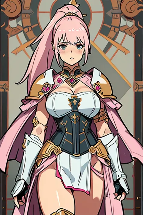 ((masterpiece、Highest quality、8K、whole body、Are standing))、One beautiful woman、female knight、Pink and gold armor、Pelvic Curtain、ponytail、Large Breasts、Cleavage、Muscular、corset、Thick arms、Thighs、Shin pads、Shoulder rest、pocket