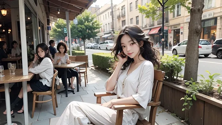 Girl sitting lazily in charming outdoor cafe, Surrounded by comfortable chairs and tables.Beautiful curly hair、